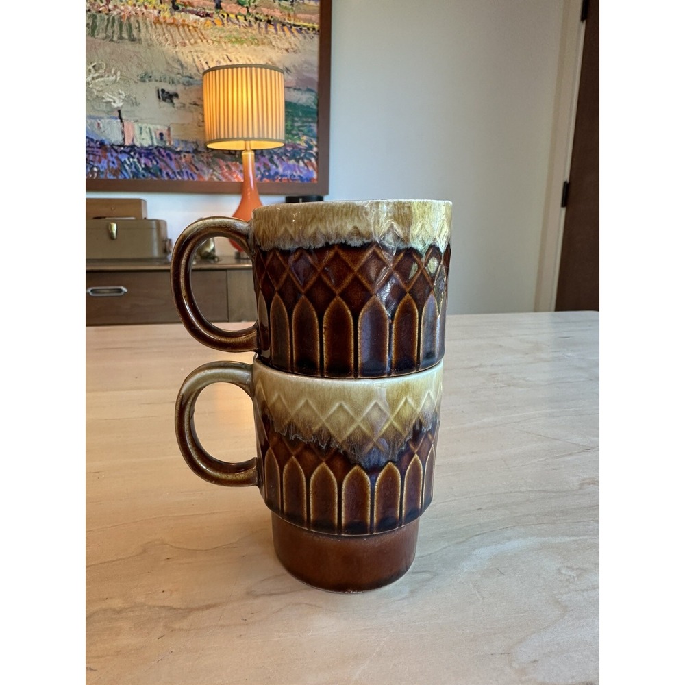 2 Vintage Japan Drip Glaze Coffee Mugs Cup Stackable Retro Carmel And Brown 70's